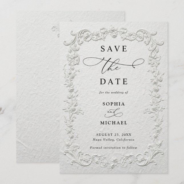 Convite Floral de casamento com relevo falso para salvar a (Frente/Verso)