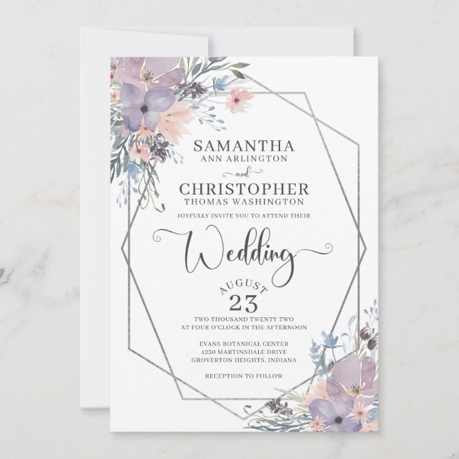 Convite Floral de Casamento de Flores Silvestres com Aquar (Frente)