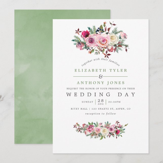 Convite Floral de Casamento de Inverno (Frente/Verso)