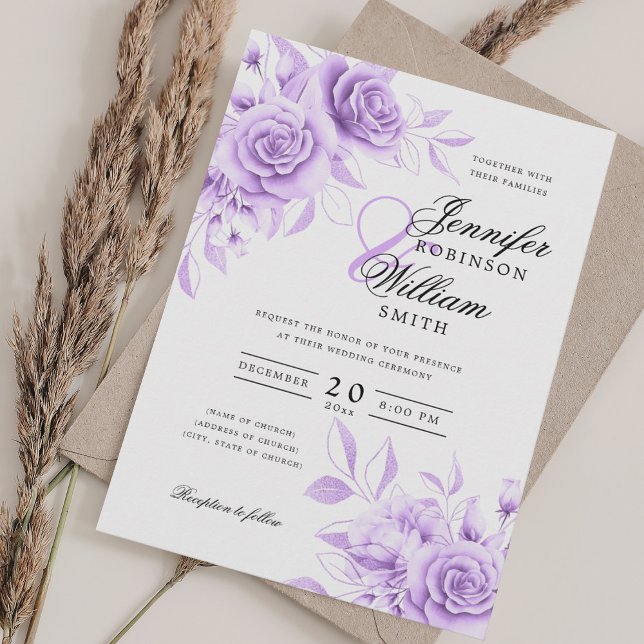 Convite Floral De Casamento De Mola Roxa De Elegante (Elegant Script Wedding Purple Watercolor Floral Invitation)