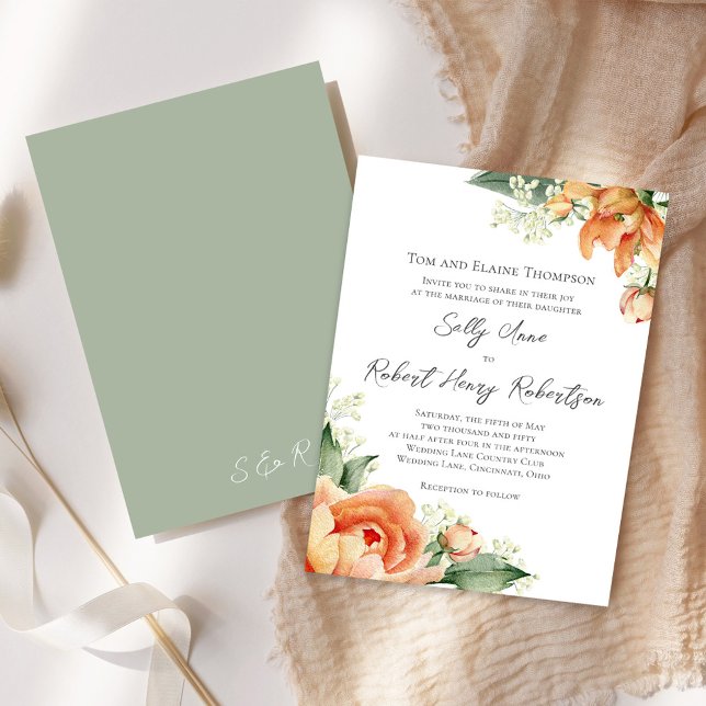 Convite Floral de Casamento de Pessegueira de Aquarela Ele (Peach floral elegant invitation)