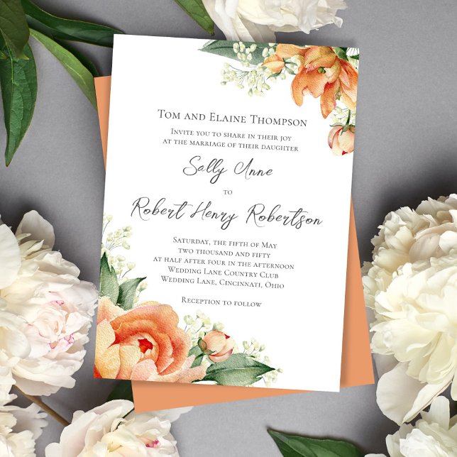 Convite Floral de Casamento de Pessegueira de Aquarela Ele (Peach floral elegant invitation)