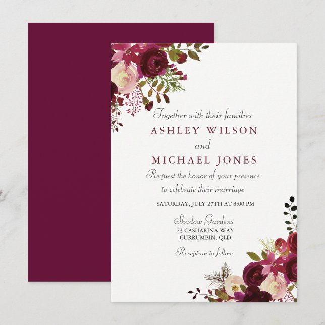 Convite Floral de Casamento Elegante Burgundy (Frente/Verso)
