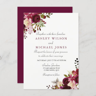 Convite Floral de Casamento Elegante Burgundy