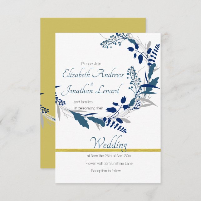 Convite Floral de Casamento em Dourado e Azul (Frente/Verso)
