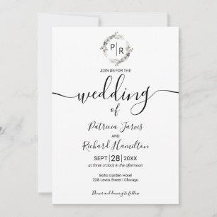 Convite Floral de Casamento Monograma Caligrafia Moderna