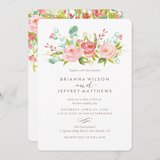 Convite Floral de Casamento rosa (Frente/Verso)