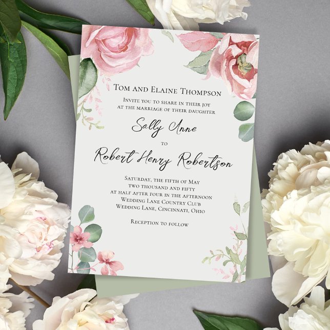 Convite Floral de Casamento Rosa-Rosa com Cobra Aquosa Ele (Blush pink floral wedding invitations. )