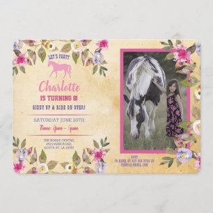 Convite Floral de Cavalos Festa Égua Rosa