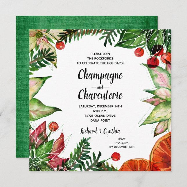Convite Floral de Charcuterie de Natal Elegante (Frente/Verso)