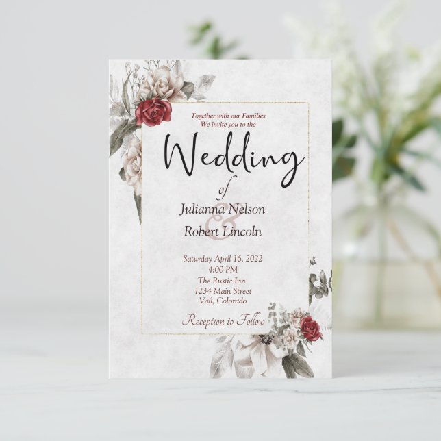 Convite Floral de cor d'água elegante em casamento vermelh (Em pé/Frente)