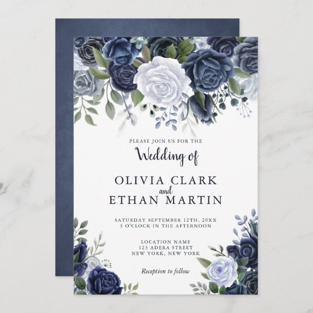 Convite Floral de Cor de Água Azulada (Frente/Verso)