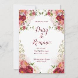 Convite Floral de Cor de Água Dourada Vermelha Salvar a Da