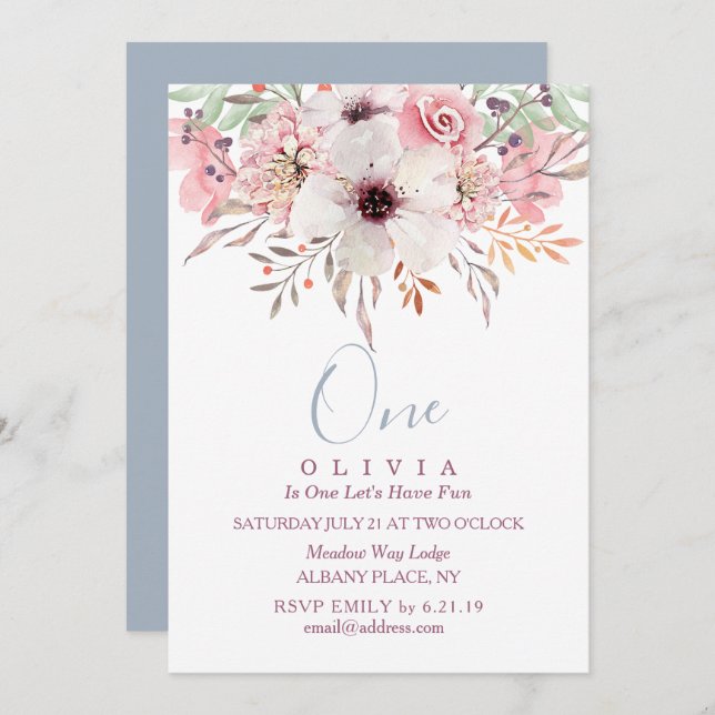 Convite Floral de Cor de Água Rosa primeiro aniver (Frente/Verso)