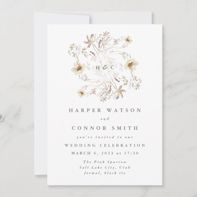 Convite Floral de flor selvagem Elegante primavera Monogra (Frente)