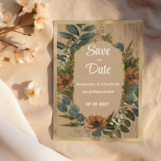 Convite Floral de floresta russa botânica Guarde a Data (Botanical rustic woodland floral Save the Date)