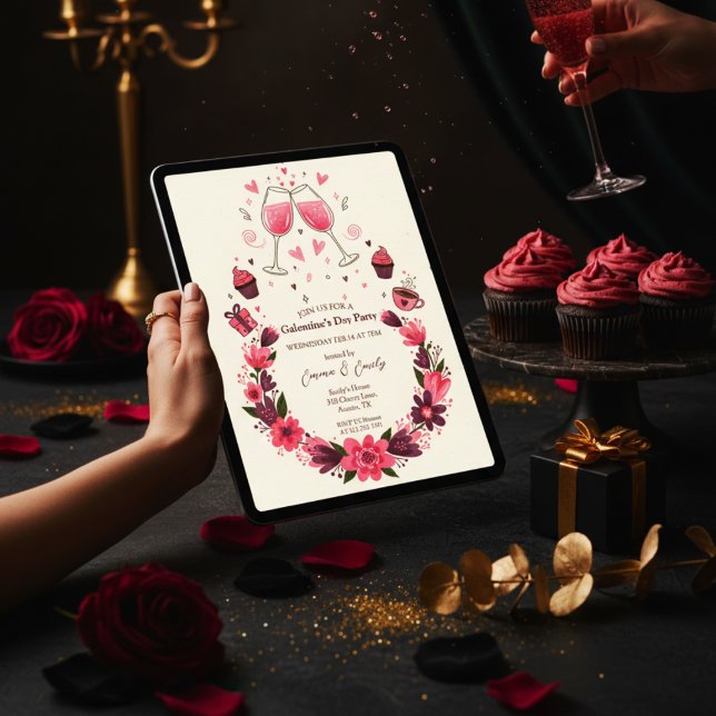 Convite Floral de Galentine's para Brinde de Vinho (Symmetrical Party Invite)