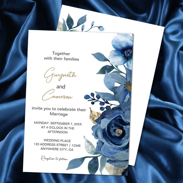 Convite Floral de inverno azul-gelo Elegante (Elegant Ice Blue Winter Floral Invitation #navyblue #elegantnavybluegold #blueandgold #zazzlemade)