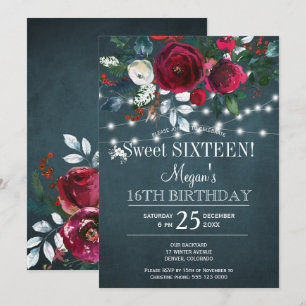 Convite Floral de inverno elegante burgundy sweet sixteen
