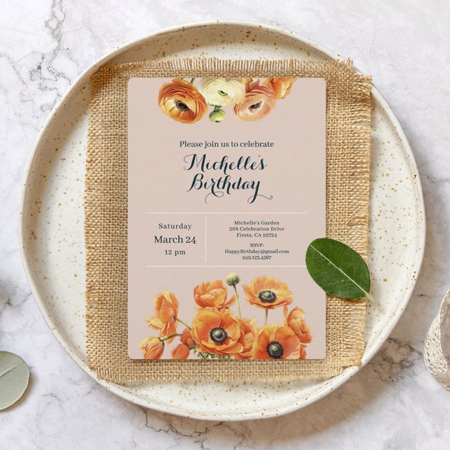 Convite Floral de Jardim Rosa Laranja Qualquer Festa de an (Criador carregado)