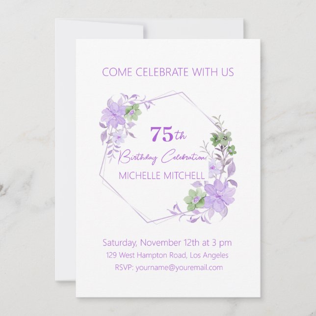 Convite Floral de Lavanda de aniversário 75º e personaliza (Frente)