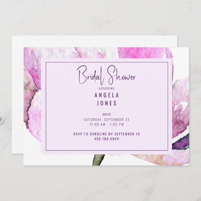 Convite Floral de lavanda e Cores d'Água Rosa (Frente/Verso)