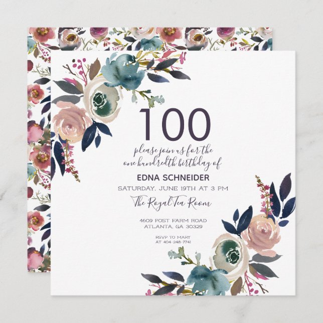 Convite Floral de marinho e Blush | 100º aniversário (Frente/Verso)