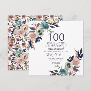 Convite Floral de marinho e Blush   100º aniversário