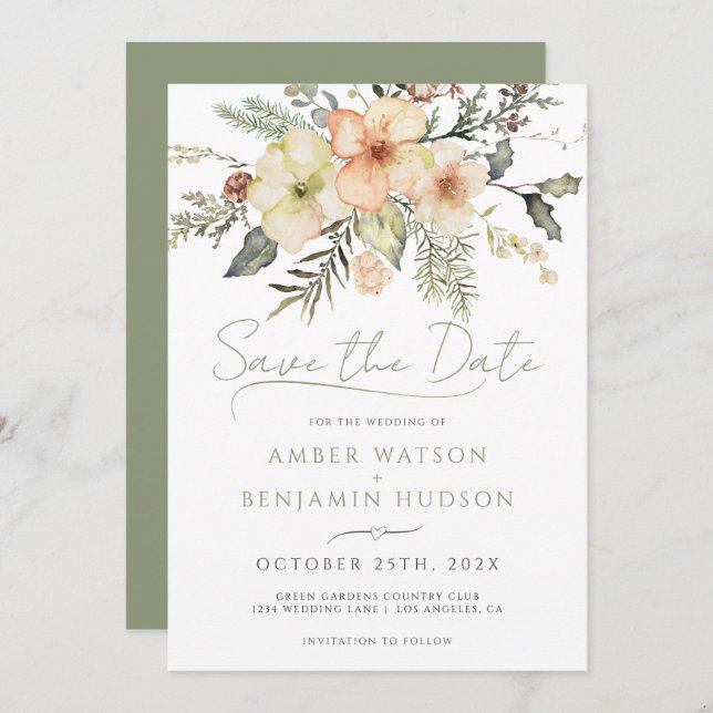 Convite Floral de Natal Verde da Sage do inverno Salvar a  (Frente/Verso)