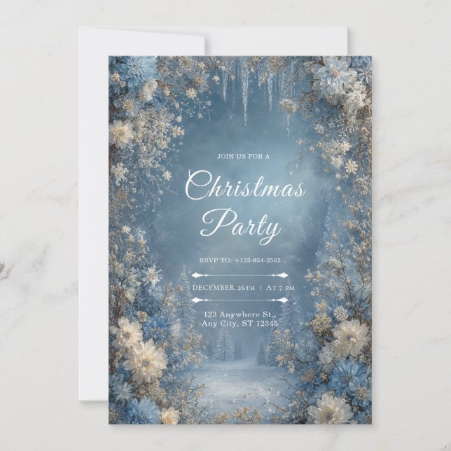 Convite Floral de Neve em Azul Gélido para Casamento de In (Frente)