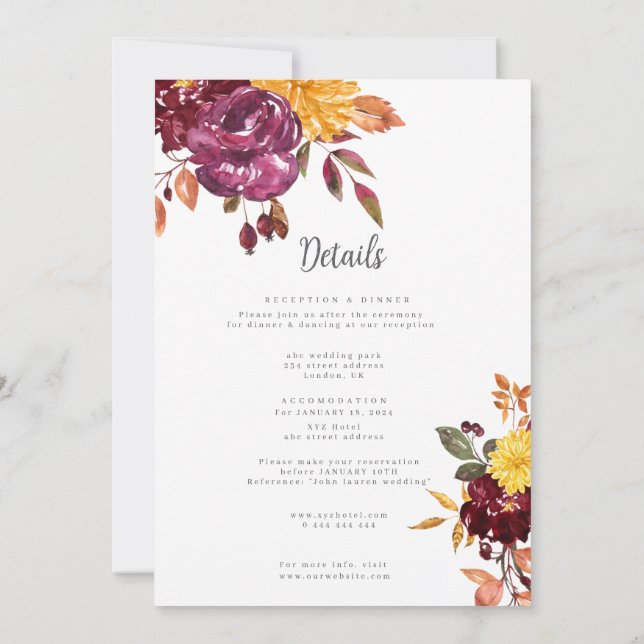 Convite Floral de outono com casamento de flores de aquare (Verso)