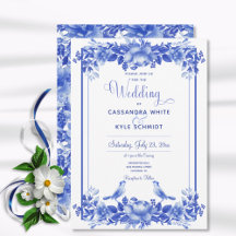 Convite Floral de Porcelana Azul e Branco