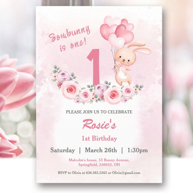 Convite Floral de primeiro aniversario Rosa Bonito (Cute Bunny Pink 1st Birthday Girl Floral Invitation)
