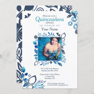 Convite Floral de Quinceañera Azul