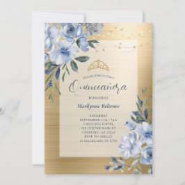 Convite Floral de Quinceañera Dourado Dusty Blue