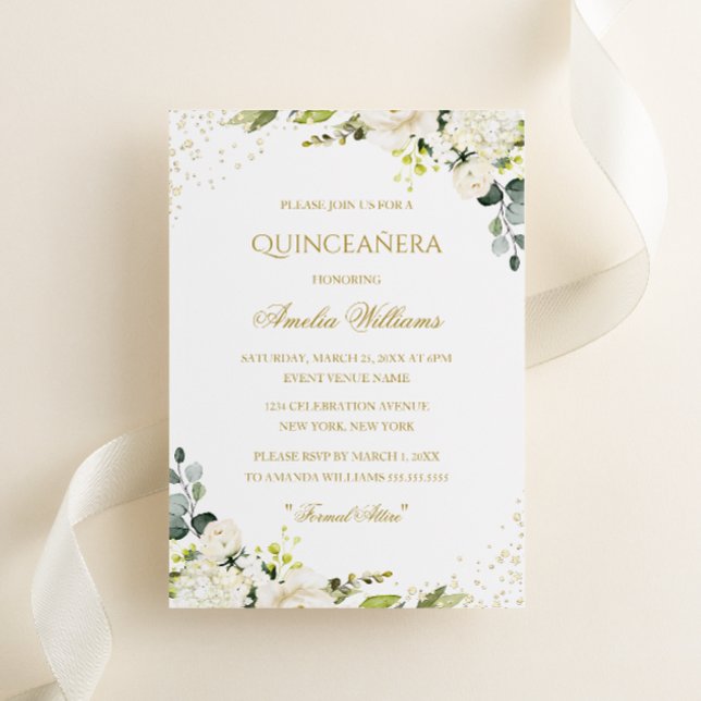 Convite Floral de Quinceanera Dourado Sparkle (Criador carregado)