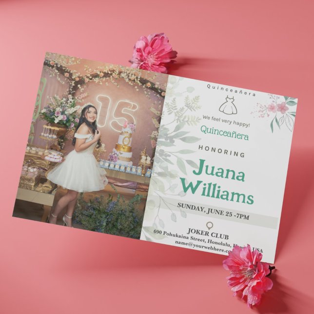 Convite Floral de Quinceañera Elegante com Foto (Elegant Floral Quinceañera Invitations with Photos)