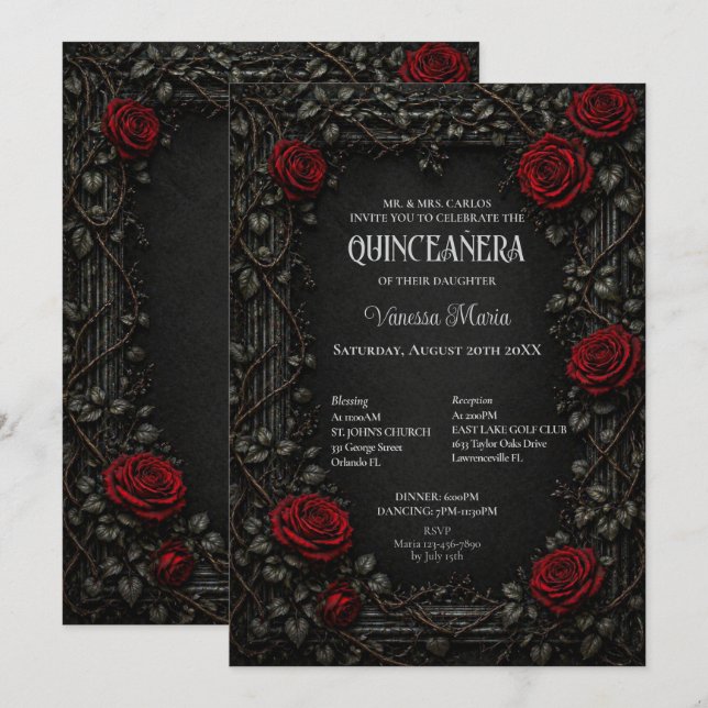 Convite Floral de Quinceanera em estilo Gótico Ver (Frente/Verso)