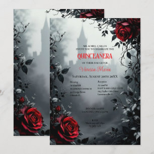 Convite Floral de Quinceanera em Gótico Vermelho d