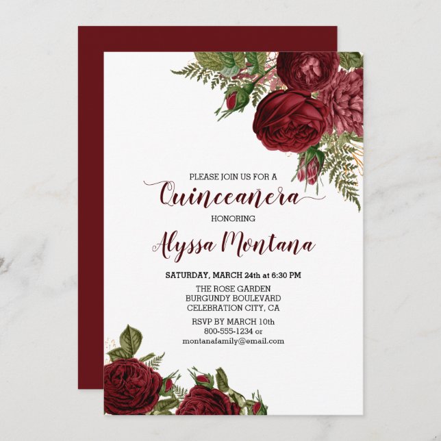 Convite Floral de Quinceanera para Rosas vermelhas (Frente/Verso)