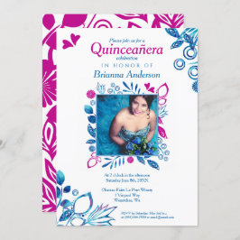 Convite Floral de Quinceañera Rosa e Azul