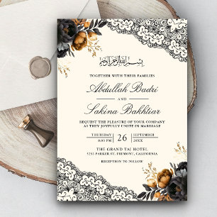 Convite Floral de Renda Creme Ouro Preto Casamento Muçulma