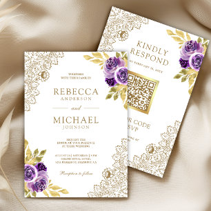 Convite Floral de Renda Roxo Empoeirado Código QR Branco C