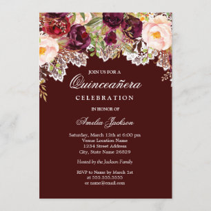 Convite Floral de Renda Rústica Burgundy Quinceanera