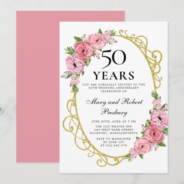 Convite Floral de Rosa Rosa Elegante 50º Aniversár (Frente/Verso)