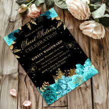 Convite Floral de Rosas Azul Verde e Dourado para