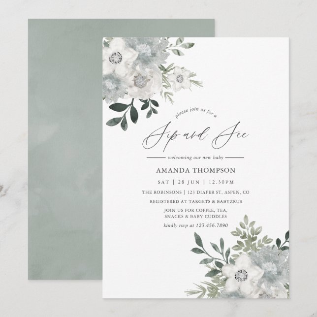 Convite Floral de Salgueiro Prateado em Aquarela para Brin (Frente/Verso)