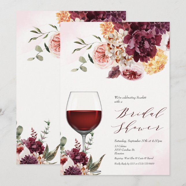 CONVITE Floral de Taça de Vinho para QUALQUER EVEN (Frente/Verso)