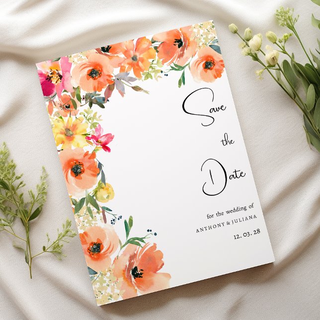 Convite Floral de verão amarelo-botânico Salve a data (Botanic orange yellow summer floral Save the Date )