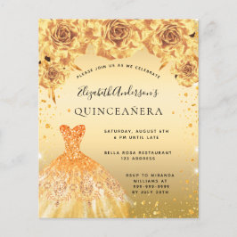 Convite floral de vestido de Quinceanera dourado e